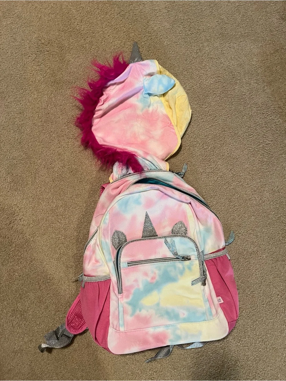 Unicorn Hoodie Tie-Dye Backpack with Pink Mane. Like New. Measurements in photos